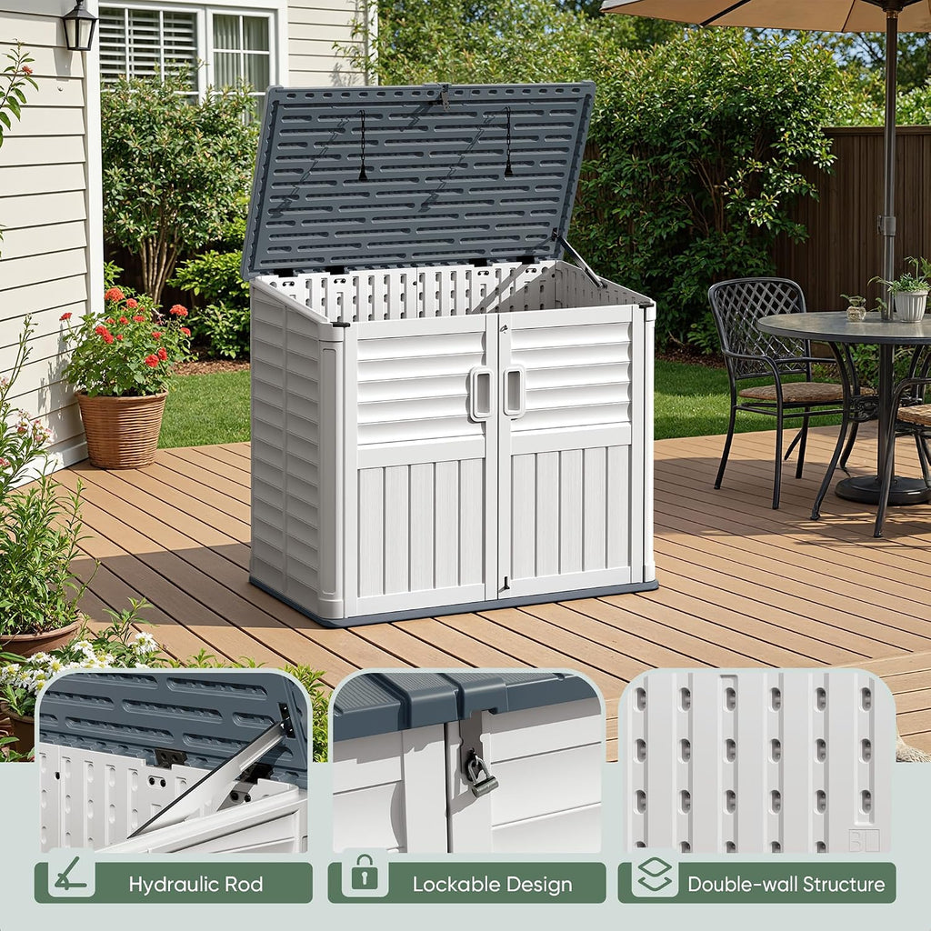 Devoko Outdoor Storage Shed, Resin, 34 Cu Ft Outdoor Storage Cabinet Without Shelf, Waterproof, Double Locks, Storage for Trash Can, Garden Tools, Pool Supplies, Beige