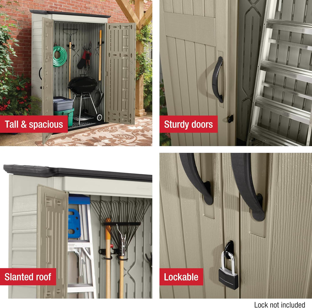 Rubbermaid Vertical Resin Outdoor Storage Shed With Floor (4 x 2.5 Ft) Weather Resistant Beige/Brown Organization for Home/Backyard/Pool Chemicals/Toys/Garden Tools/Porch/Patio Cushions