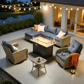ovios 8-Piece Patio Furniture Set with L-Shape Sofa Chaise, Outdoor Sectional Couch Swivel Gliders Fire Pit Table, Modern Modular Wicker Rattan Conversation Set, Denim Blue