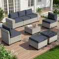 8-Piece Outdoor Patio Furniture Set Wicker Sectional Sofa Set with Ottomans, Patio Conversation Set with Thickened Cushions & Coffee Table for Garden, Backyard, Poolside, Dark Grey