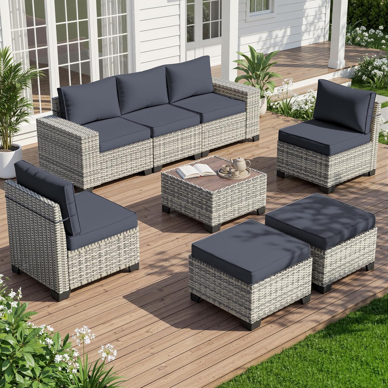 8-Piece Outdoor Patio Furniture Set Wicker Sectional Sofa Set with Ottomans, Patio Conversation Set with Thickened Cushions & Coffee Table for Garden, Backyard, Poolside, Dark Grey