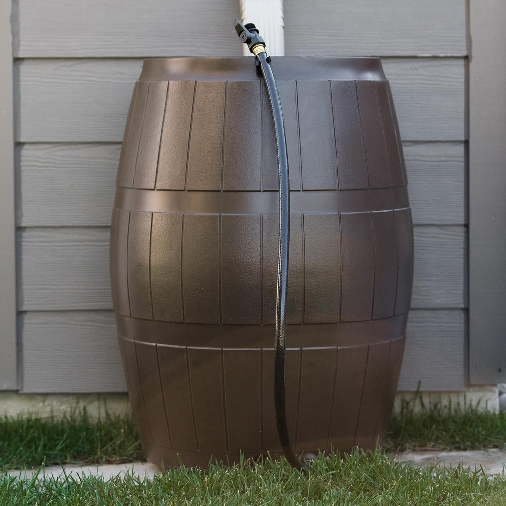 FCMP Outdoor Raincatcher 4000 Rain Barrel, Flat-Back Rainwater Catcher with Spigots, 50 Gallon, Brown - Portable Water Storage Container Tank for Home, Garden, and Backyard