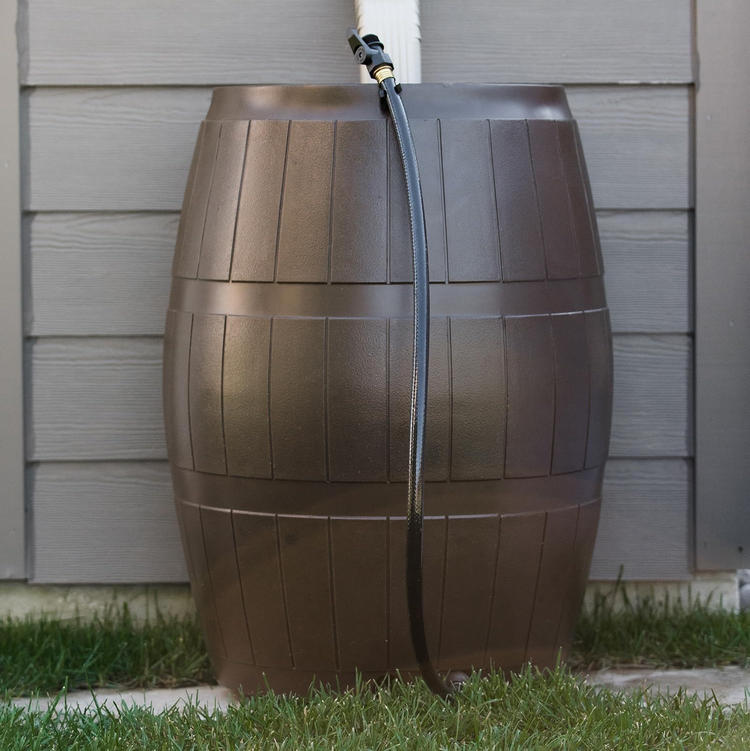 FCMP Outdoor Raincatcher 4000 Rain Barrel, Flat-Back Rainwater Catcher with Spigots, 50 Gallon, Brown - Portable Water Storage Container Tank for Home, Garden, and Backyard