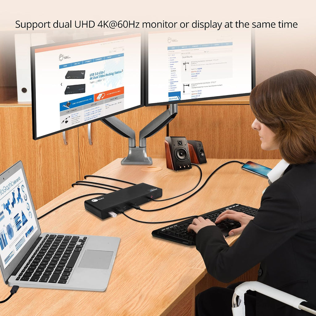 SIIG USB Type C Dual 4K Docking Station with 60W PD - Dual 4K@60Hz or Single 5K@60Hz Monitor Laptop Dock - DisplayLink - 2 HDMI 2 DisplayPort, 4 USB 3.0 Ports, 2 Type C Ports, Gigabit Ethernet Port