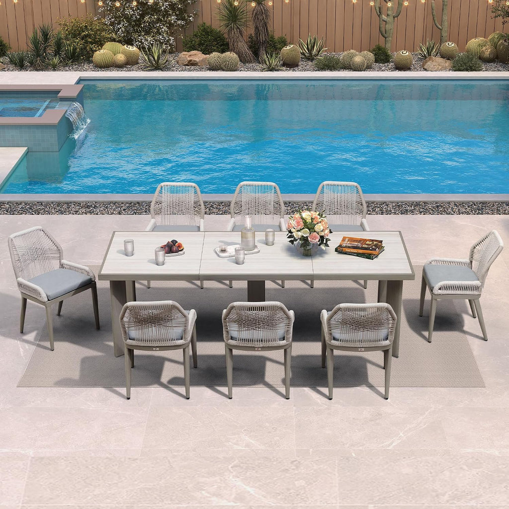 PURPLE LEAF 9 Pieces Patio Dining Set Aluminum Rectangular Table and Wicker Chairs with Cushions for Kitchen Porch Garden Modern Outdoor Furniture Sets, Light Grey