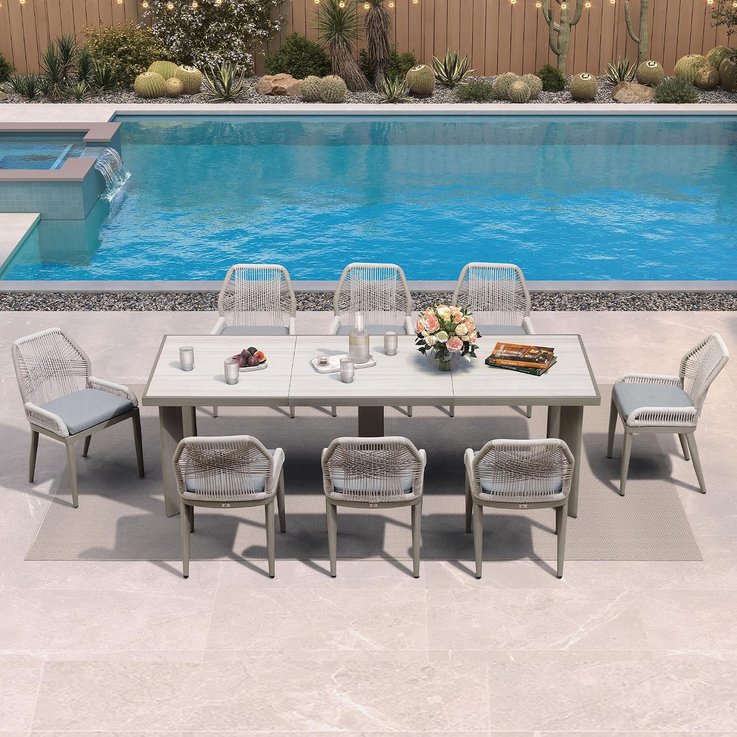 PURPLE LEAF 9 Pieces Patio Dining Set Aluminum Rectangular Table and Wicker Chairs with Cushions for Kitchen Porch Garden Modern Outdoor Furniture Sets, Light Grey