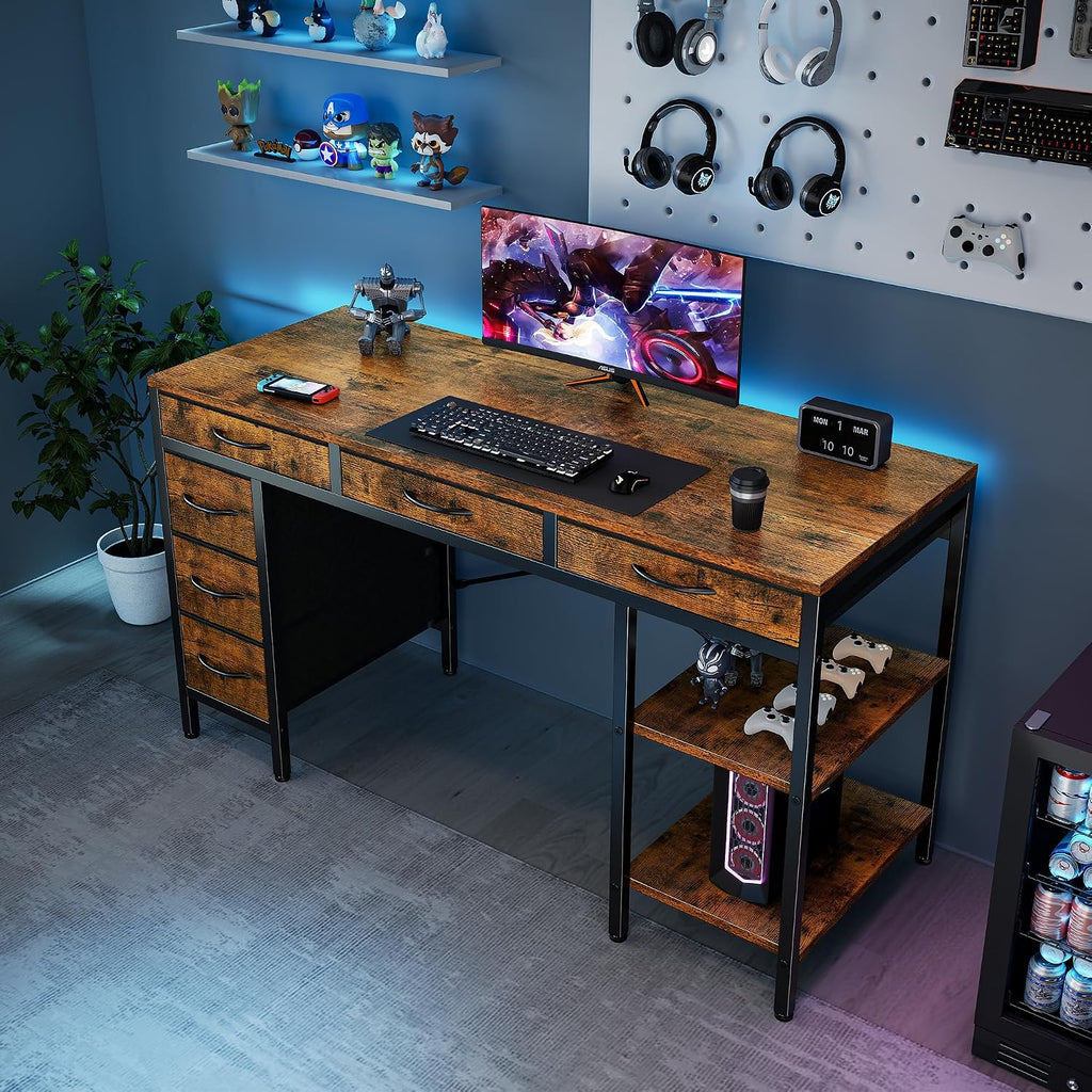 Sweetcrispy 55' Computer Desk with 6 Drawers, Home Office Gaming Desks with Storage Shelves for Bedroom, Writing Study Corner Living Room Work Table Rustic Brown