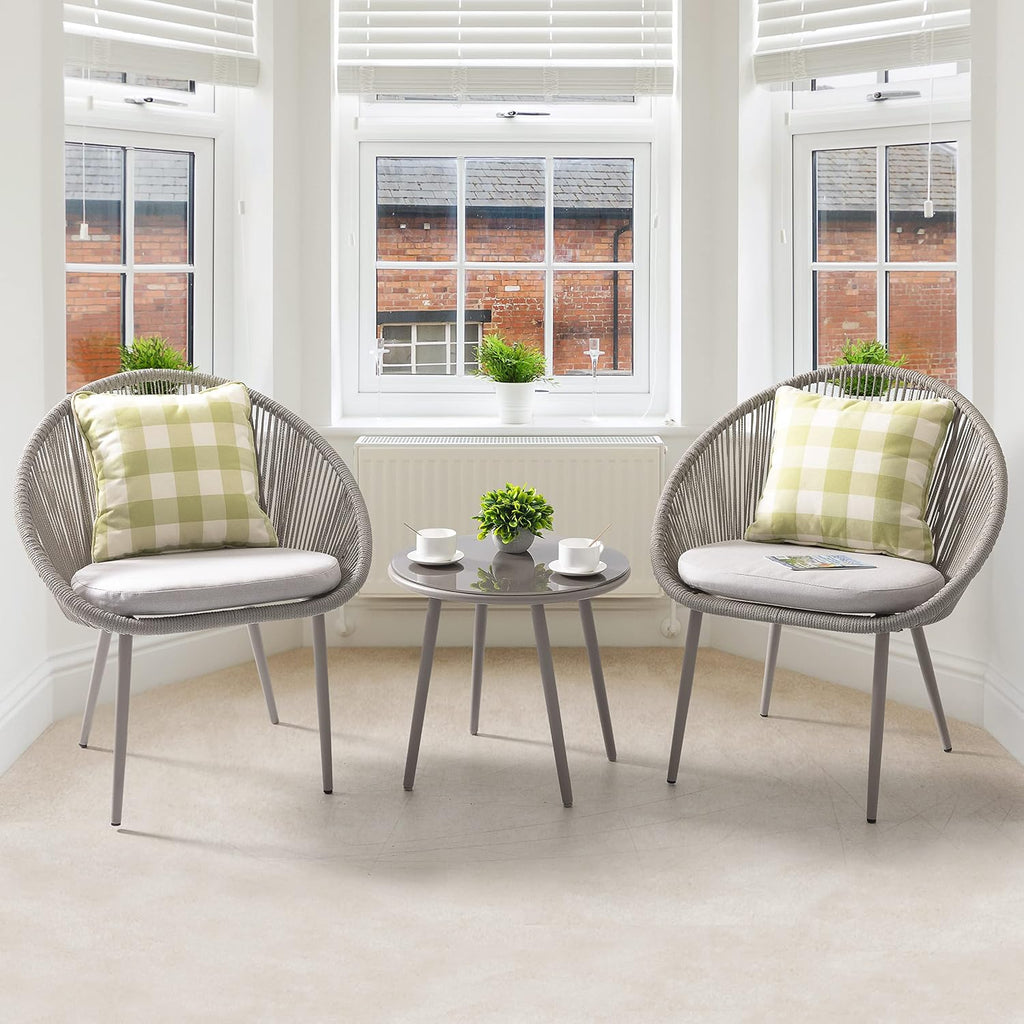 NUU GARDEN 3 Piece Outdoor Bistro Set, Woven Rope Conversation Patio Set, All Weather Patio Furniture Chairs and Table with Cushions for Garden, Deck, Backyard, Balcony, Porch, Beige