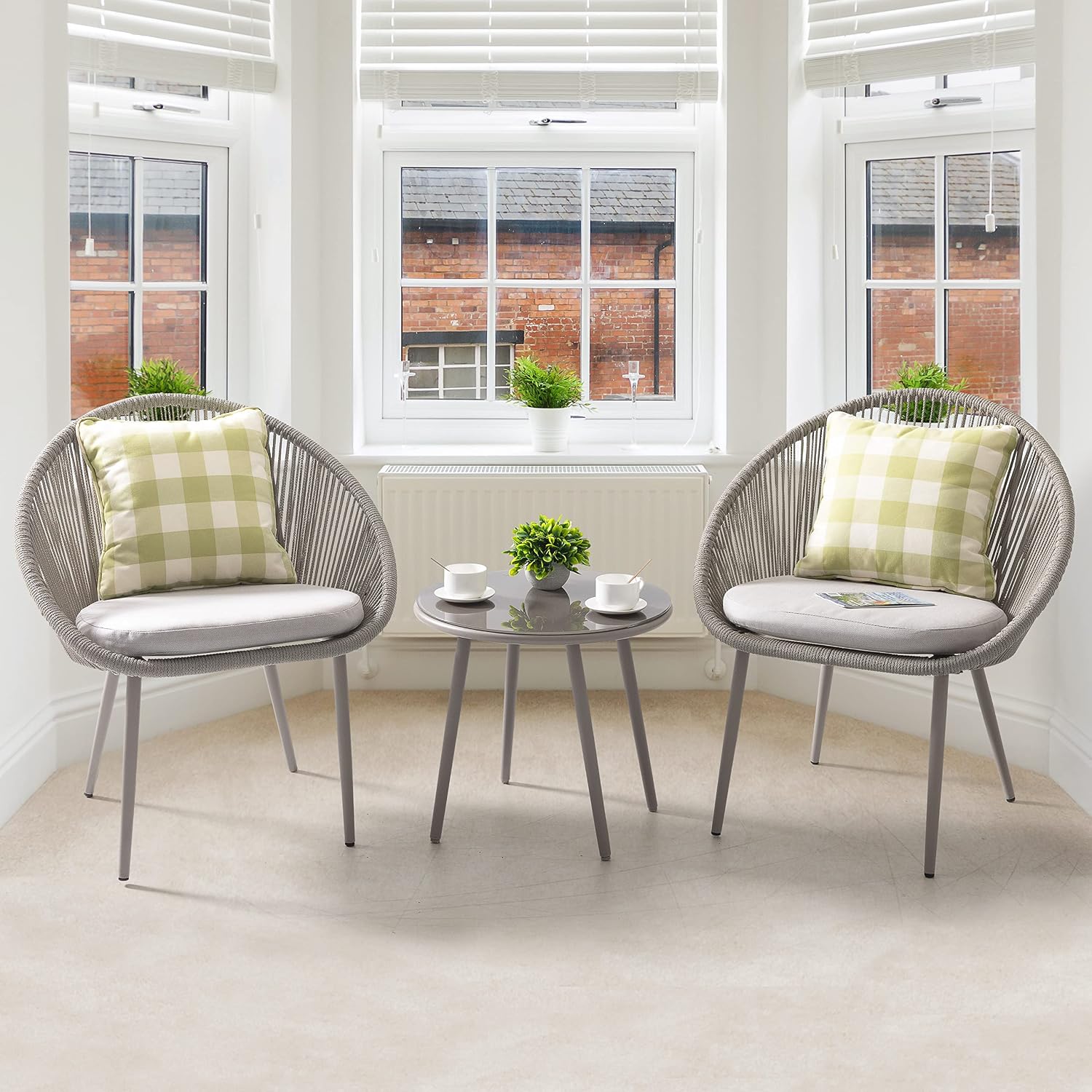 NUU GARDEN 3 Piece Outdoor Bistro Set, Woven Rope Conversation Patio Set, All Weather Patio Furniture Chairs and Table with Cushions for Garden, Deck, Backyard, Balcony, Porch, Beige