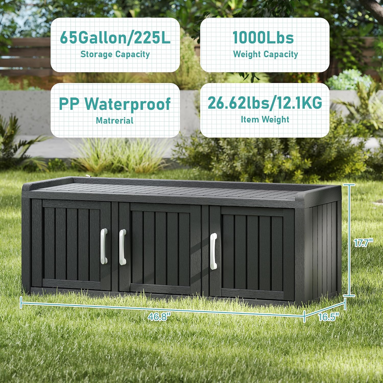 KAMABOKO Outdoor Shoe Storage Cabinet Waterproof UV-Resistant, Entryway Storage Bench Indoor Outdoor with 3 Barn Doors, Adjustable Shelves for Entryway, Bedroom, Hallway,Living Room(Black)