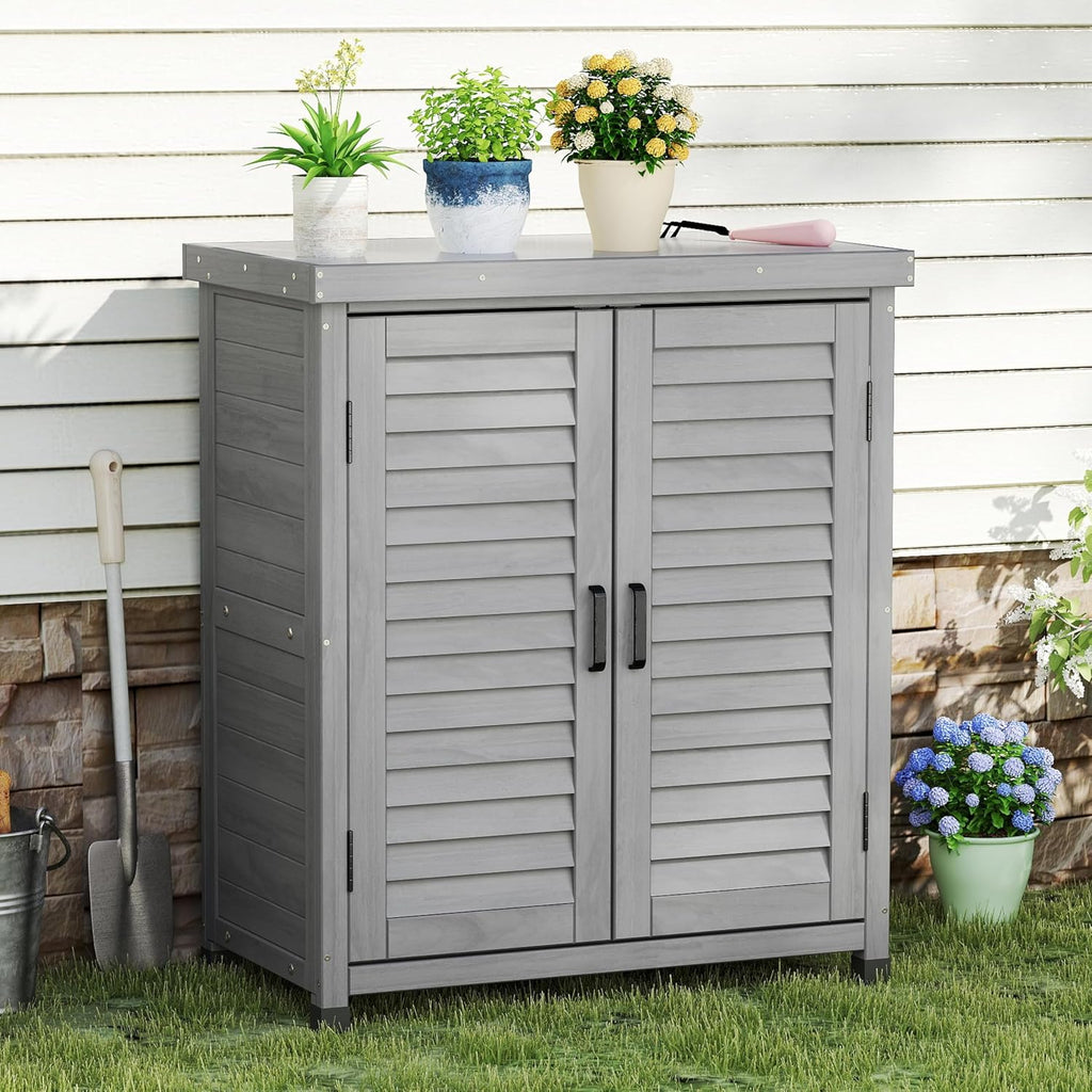 Outdoor Storage Cabinet & Potting Bench Table with Metal Top, Wooden Patio Furniture, Garden Workstation (Accent Grey, 36x31x17in)