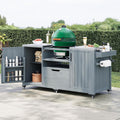 Merax 66.5' Outdoor Grill Table for Big Green Egg, Farmhouse Kitchen Island on Wheels with Stainless Steel Tabletop, Drawer and Spice Rack, Solid Wood Outdoor Storage Cabinet for Backyard, Grey Blue