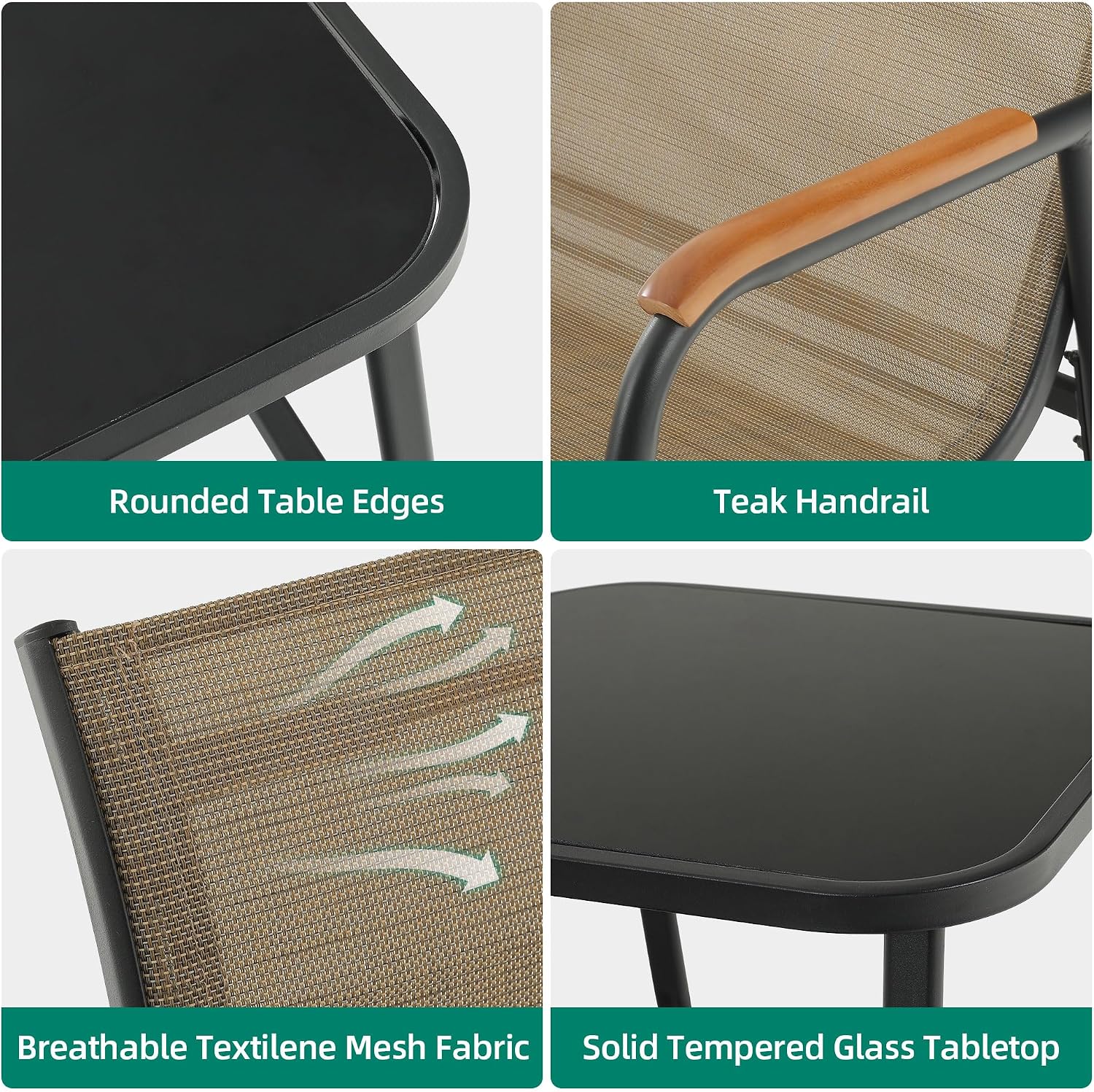 YITAHOME 3 Piece Patio Furniture Set, Outdoor Glider Chair Bistro Set, Coffee Table with Tempered Glass Tabletop, Patio Textilene Chairs Set of 2 for Backyard, Lawn, Garden, Balcony and Porch, Brown