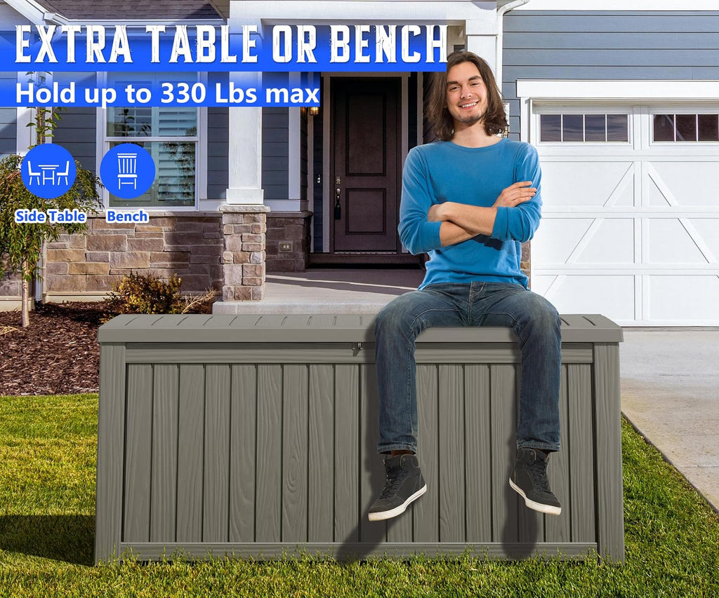 NUNU LAB 150 Gallon Outdoor Storage Box,Resin Large Sturdy Deck Box, Backyard Outside Storage Box Waterproof with Double Wall Panels,Package Delivery Garden Outdoor Hose