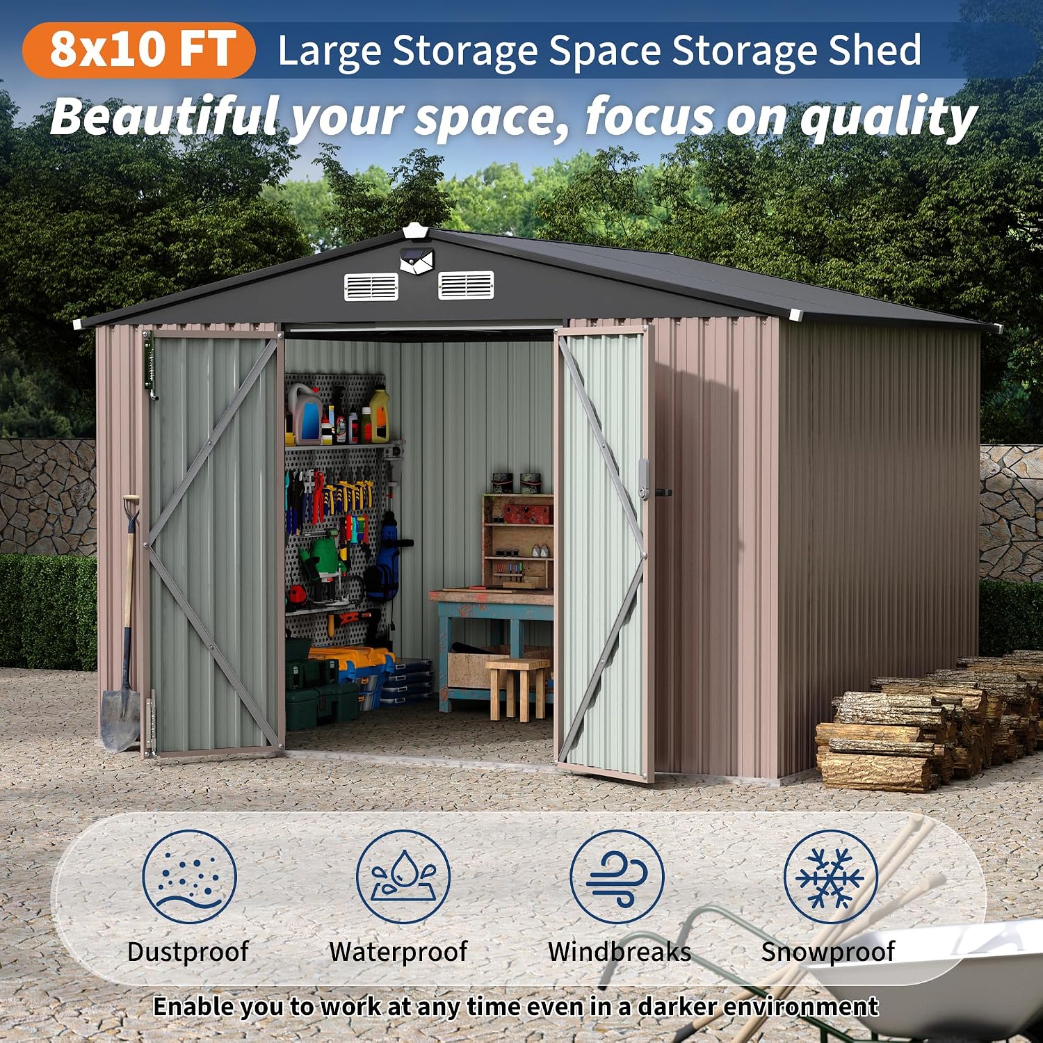 8x10 FT Metal Storage Sheds Outdoor, Metal Yard Sheds Metals Garden Shed Kit with Solar Light, MetalTool Shed with Lockable Door, Metals UtilitySheds Buildings with Air Vent for Backyard