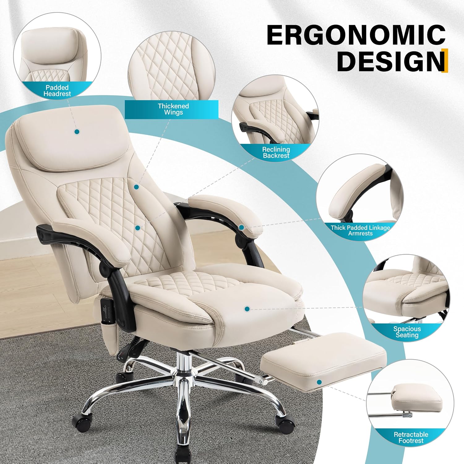 6-Point Massage Office Chair with Heated, Ergonomic Office Chair with Footrest & 45°Reclining High Back, Big and Tall Executive Office Chair 500LBS, Thick Cushion Desk Chair for Home Office, Beige(PU)