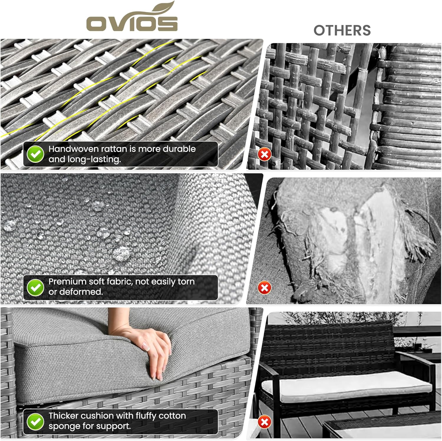 ovios 10 Pieces Patio Furniture Set, Outdoor Wicker Sofa Couch with Swivel Chairs, Rocking Glider Rocker with Comfy Cushions All Weather Rattan Conversation Set, Dark Grey