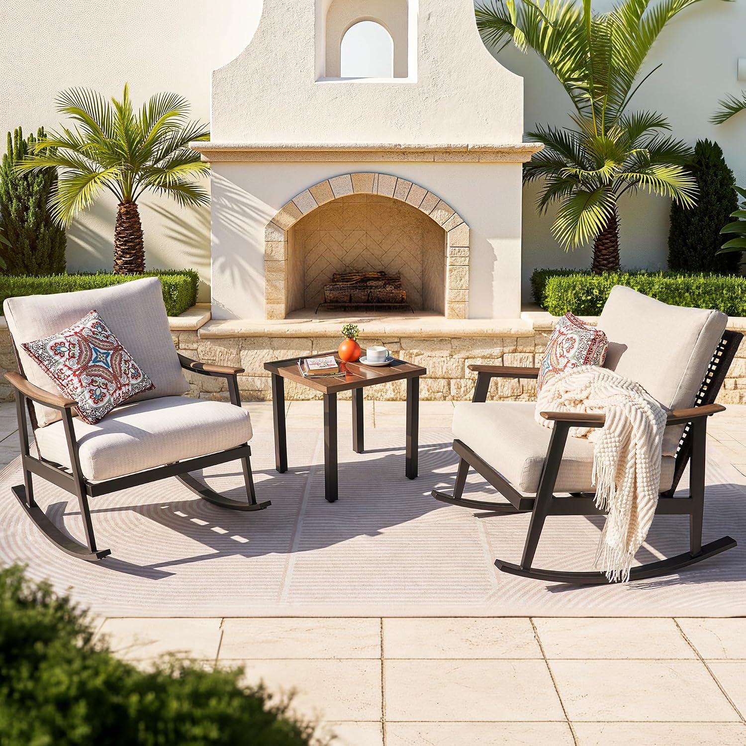 NATURAL EXPRESSIONS Rocking Bistro Set,3 Piece Wicker Patio Furniture Set with 2 Outdoor Rocker Chairs,Rattan Back,Aluminum Wood-like Armrest,Sturdy Metal Frame,6' Soft Cushions for Porch,Balcony,Yard