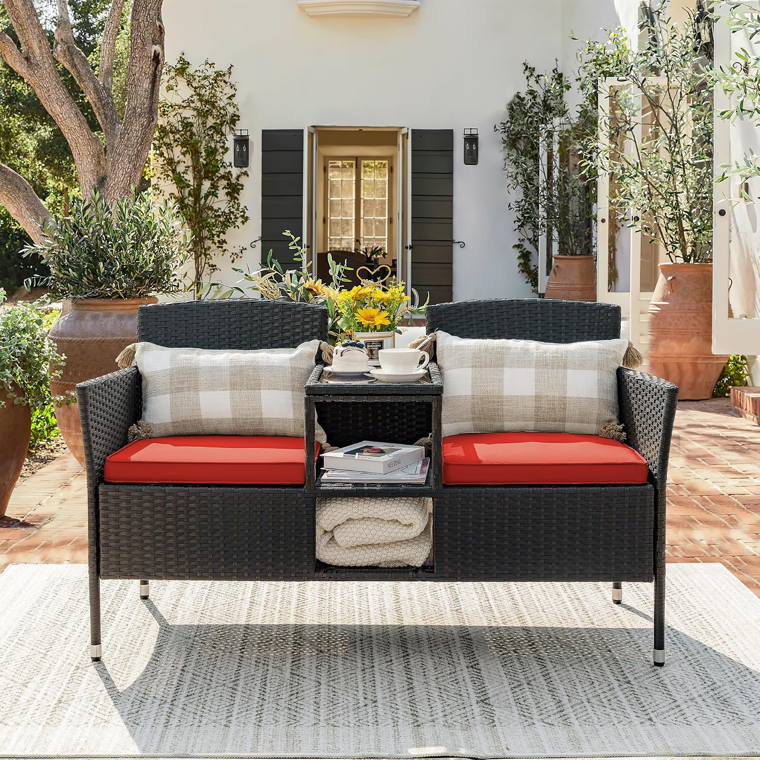 Devoko Outdoor Patio Loveseat Modern Rattan 2-Seat Patio Conversation Set with Cushions & Built-in Coffee Table Porch Furniture for Garden Lawn Backyard (Red)
