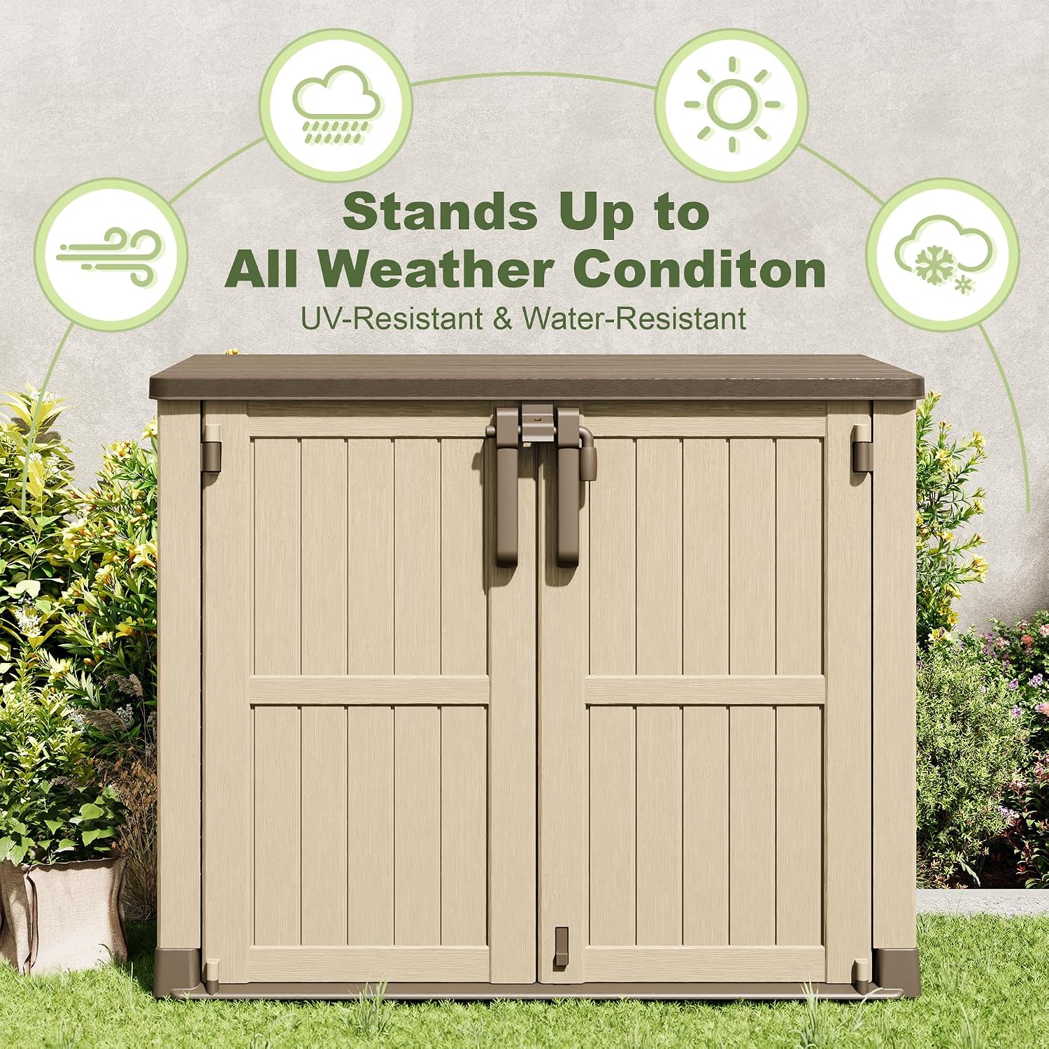 36 Cu Ft Resin Outdoor Storage Shed, Weatherproof Horizontal Outdoor Storage Cabinet with Dual Lock Door for Backyard, Patio, Garage, Garden(Brown-Beige)