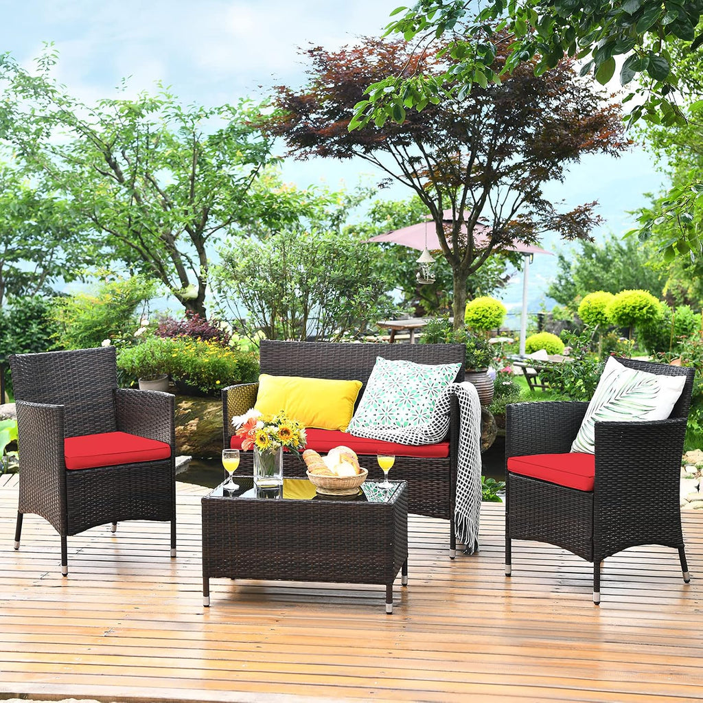 COSTWAY 8PCS Rattan Patio Furniture Set, Outdoor Wicker Rattan Chairs with Coffee Table, Rattan Cushioned Conversation Set for Backyard Balcony Porch Poolside, Red