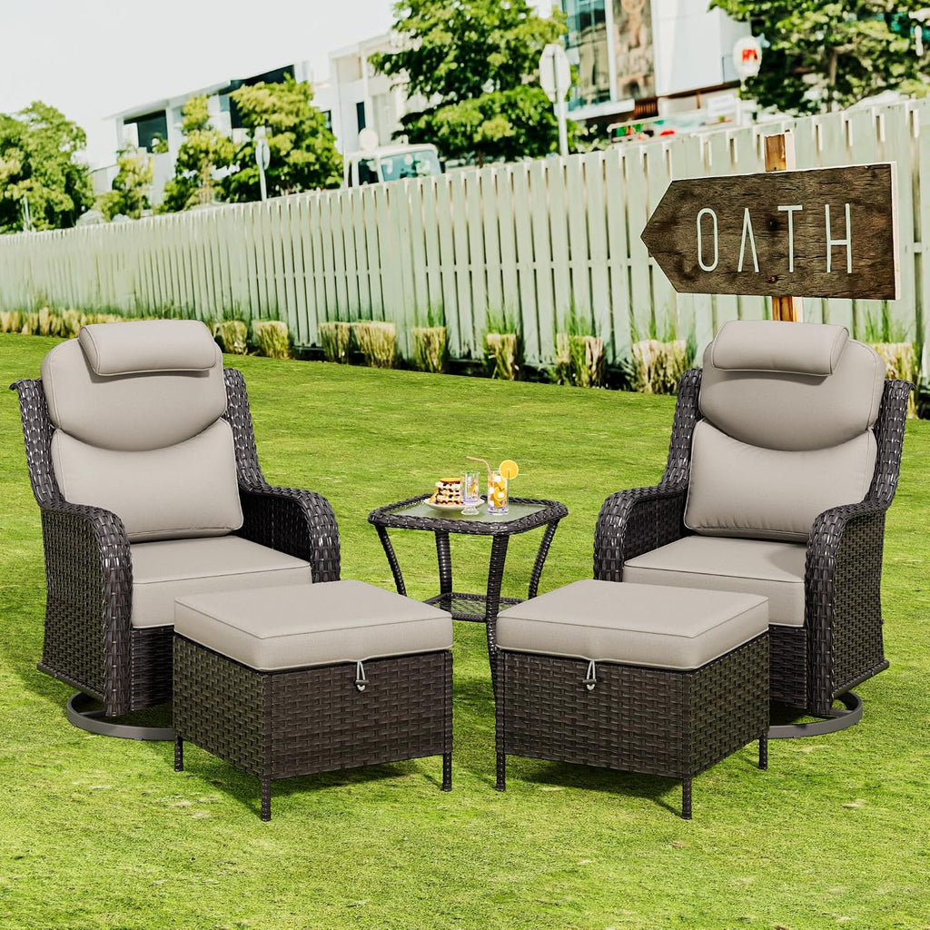 Patio Swivel Rocker Chairs of 2 with Ottomans and Side Table, 5 Pieces Patio Furniture Set, Outdoor Wicker High Back Glider Armchairs with Washable and Water-Resistant Cushions (Beige)