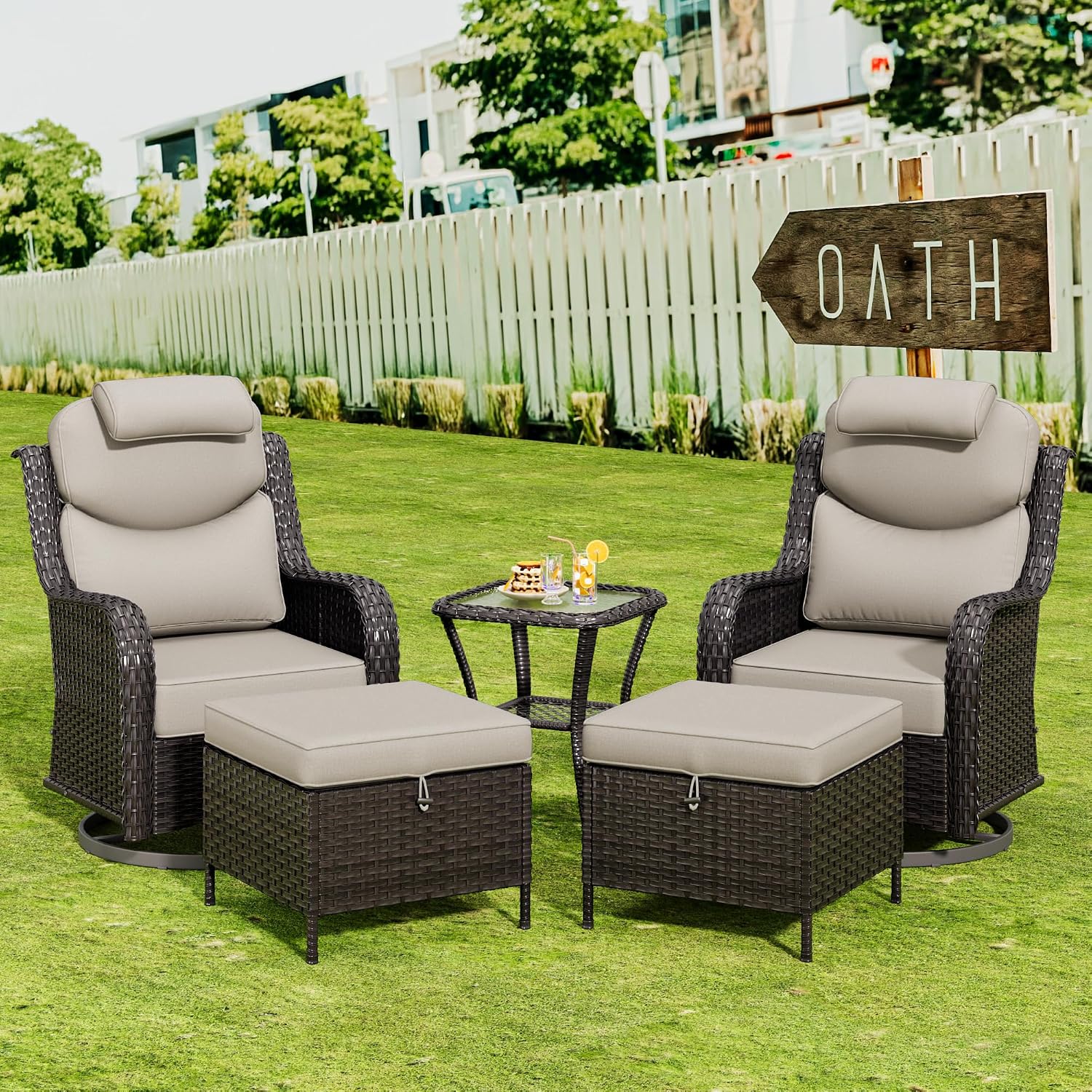Patio Swivel Rocker Chairs of 2 with Ottomans and Side Table, 5 Pieces Patio Furniture Set, Outdoor Wicker High Back Glider Armchairs with Washable and Water-Resistant Cushions (Beige)
