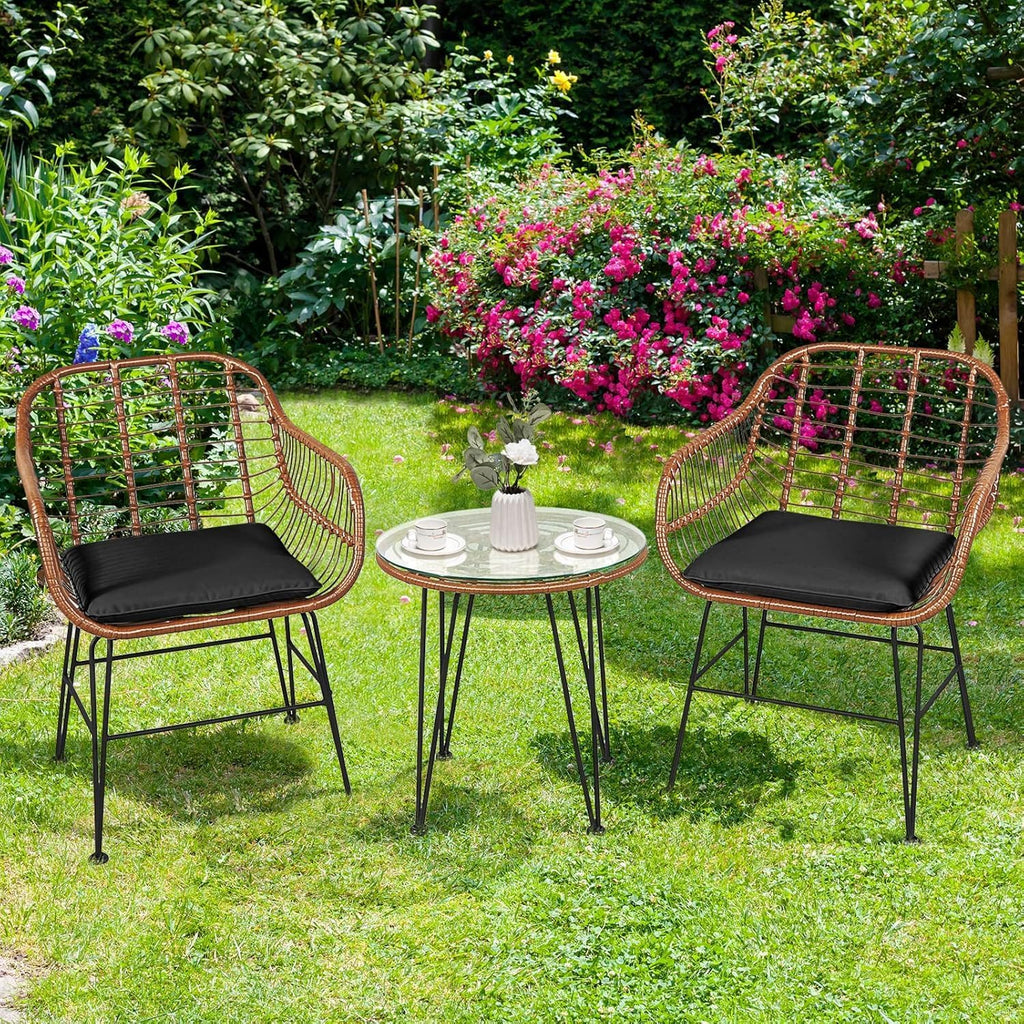 COSTWAY 3 Pieces Patio Bistro Set, Outdoor Rattan Conversation Seating Chair Set with Coffee Table & Soft Cushions, Indoor Wicker Furniture Set for Garden, Balcony, Porch, Pool, Black