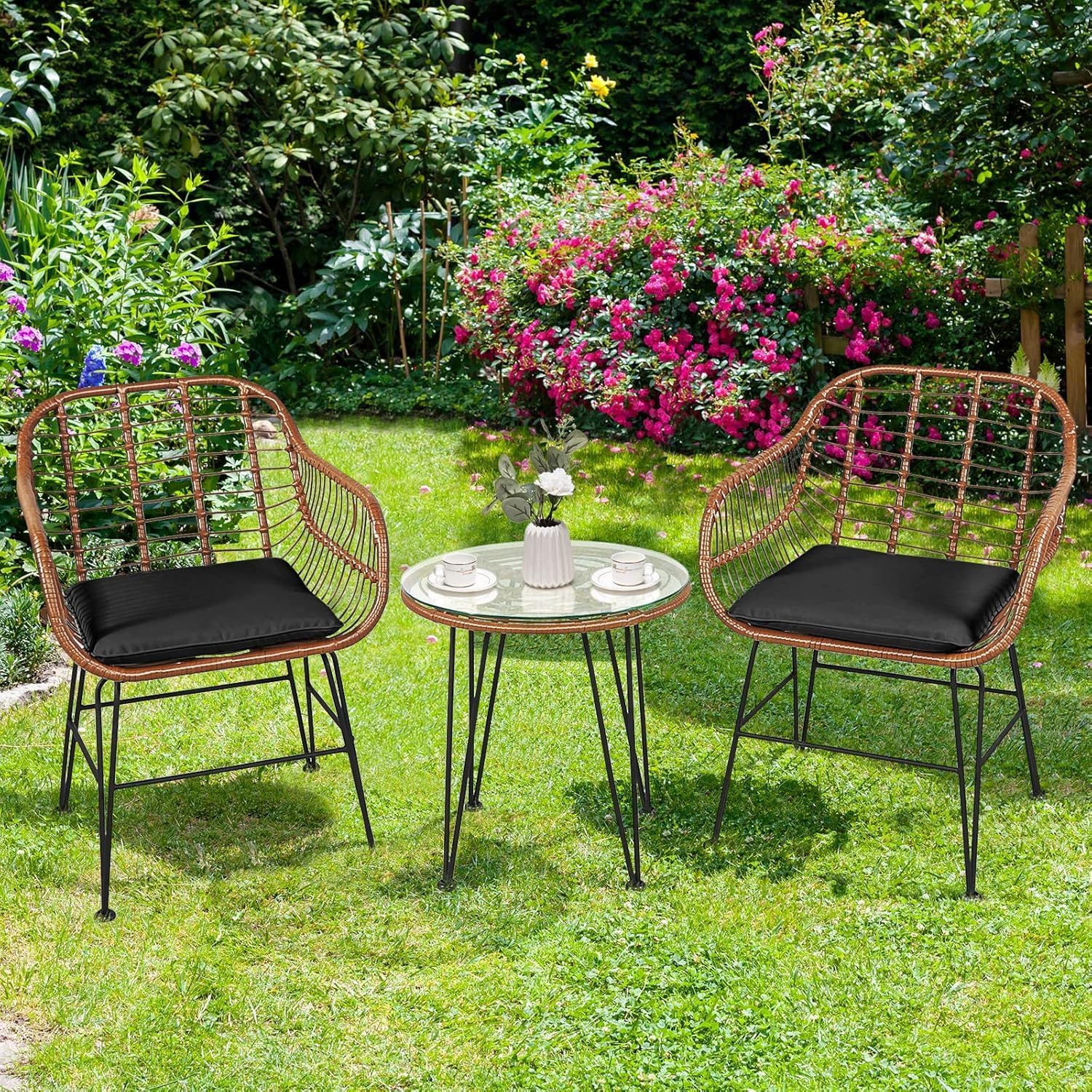 COSTWAY 3 Pieces Patio Bistro Set, Outdoor Rattan Conversation Seating Chair Set with Coffee Table & Soft Cushions, Indoor Wicker Furniture Set for Garden, Balcony, Porch, Pool, Black