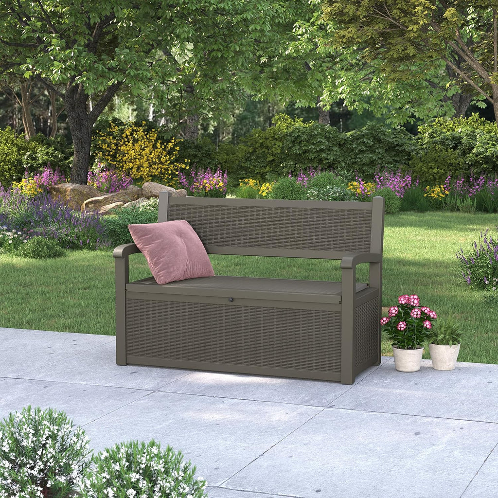 LHBcraft 70 Gallon Deck Bench with Storage,Outdoor Storage Box Bench Waterproof&Lockable, Resin Patio Furniture with Armrest for Patio, Porch, Garden,Grey