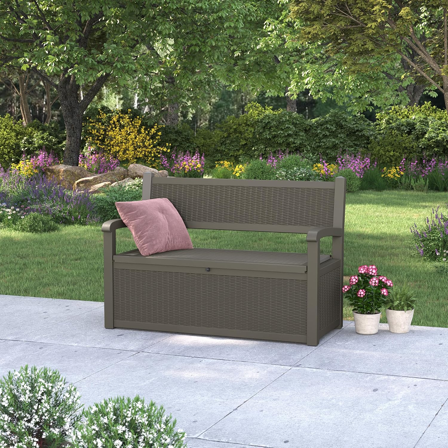 LHBcraft 70 Gallon Deck Bench with Storage,Outdoor Storage Box Bench Waterproof&Lockable, Resin Patio Furniture with Armrest for Patio, Porch, Garden,Grey