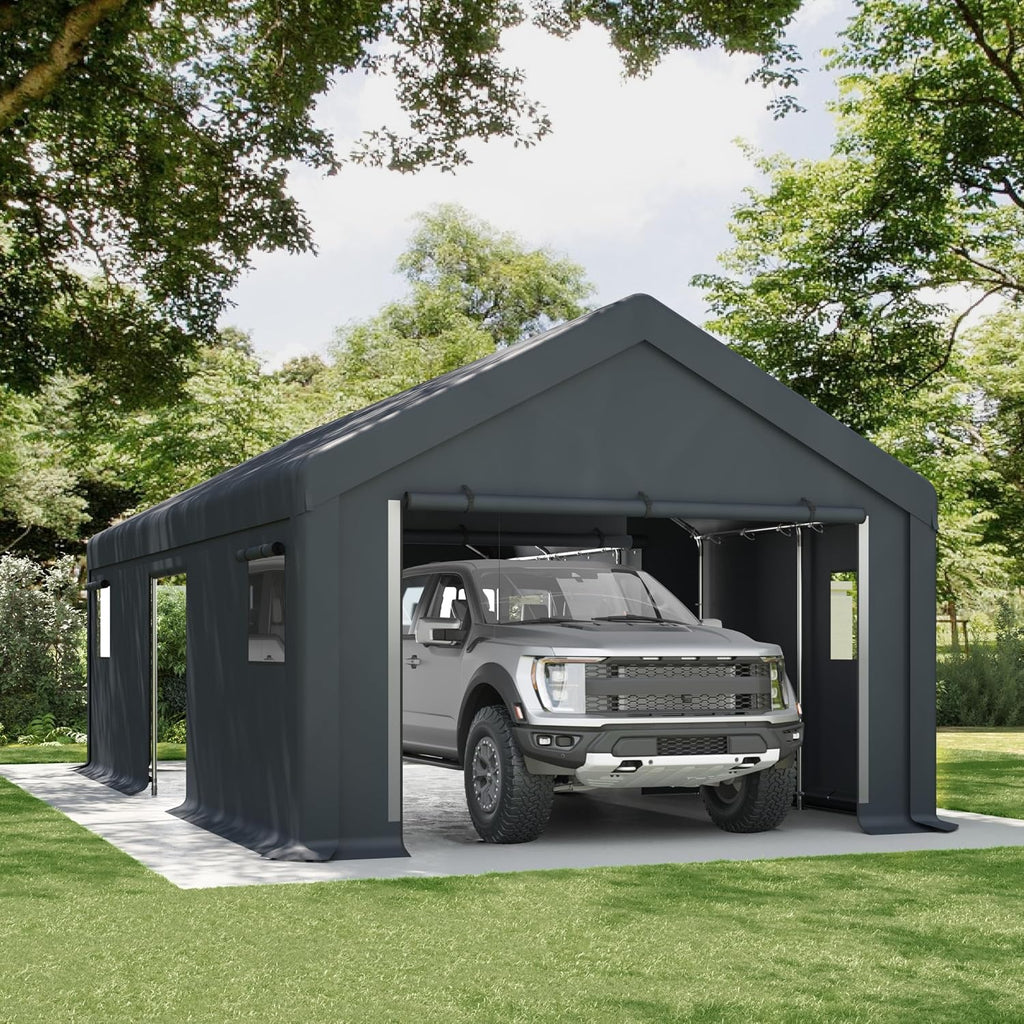 PHI VILLA 13X24ft Carport, Portable Carports Outdoor Storage Shelter Shed Garage Canopy with Roll up Zipper Doors & Vents Waterproof UV Resistant Garages Tent for Cars,Boats,Tools, Motorcycle, Gray