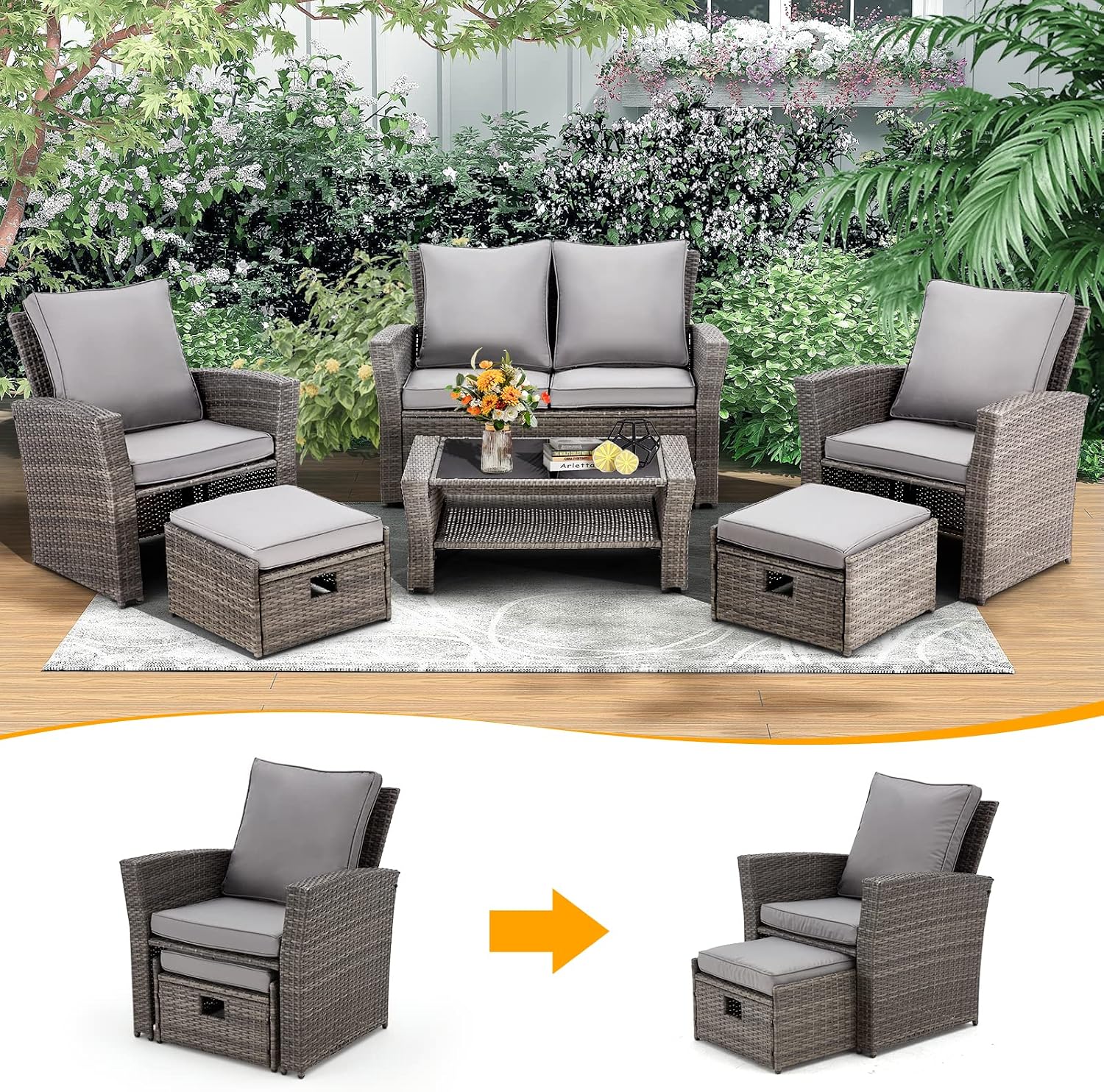 6 Pieces Patio Furniture Set, Outdoor Sectional Conversation Rattan Sofa Set with Ottoman and Outdoor Storage Table for Garden, Porch, Backyard (Dark Gray)