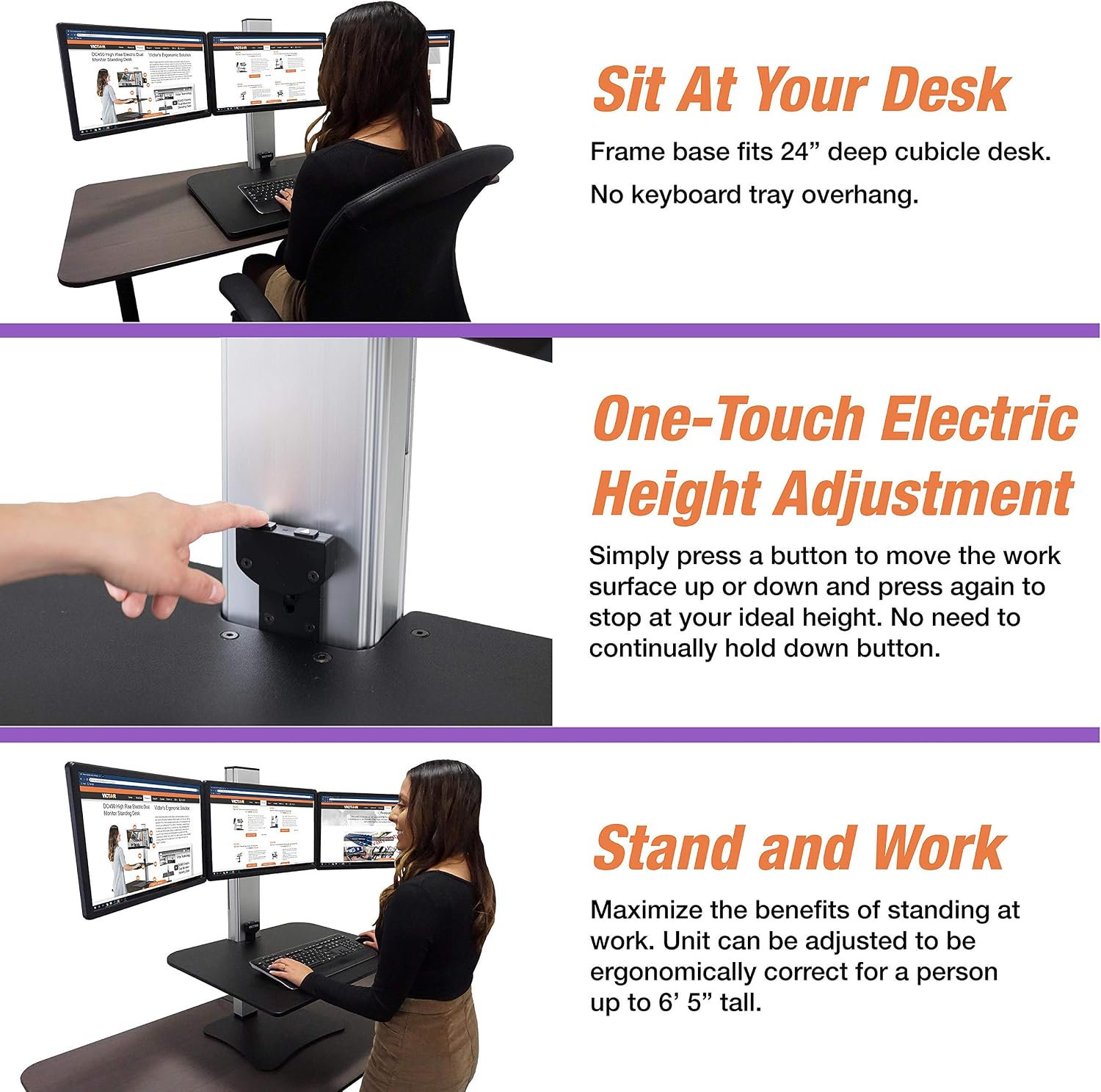 Victor DC475 High Rise Electric Triple Monitor Standing Desk Converter | Three Large Monitor Sit-Stand Desk | 28' Wide Work Surface | Compatible with Any Standard Desk | Adjustable Monitor Holder