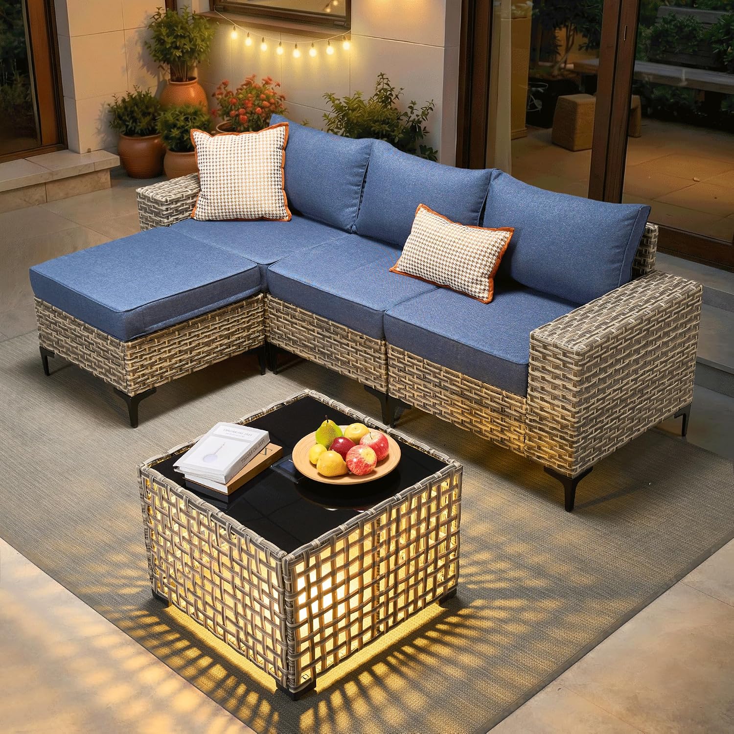 ovios 5-Piece Patio Furniture Set with L-Shape Sofa Chaise, Outdoor Sectional Couch Solar Table, Modern Modular Wicker Rattan Conversation Set, Denim Blue