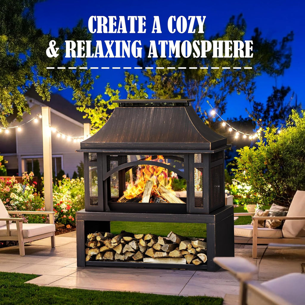 39' Fire Pits with Wood Storage for Outside, Large Wood Burning Outdoor Fireplace with Chimney, Mesh Spark Screen & Fire Poker, Idea for Backyard, Patio, Party, Camping, Picnic