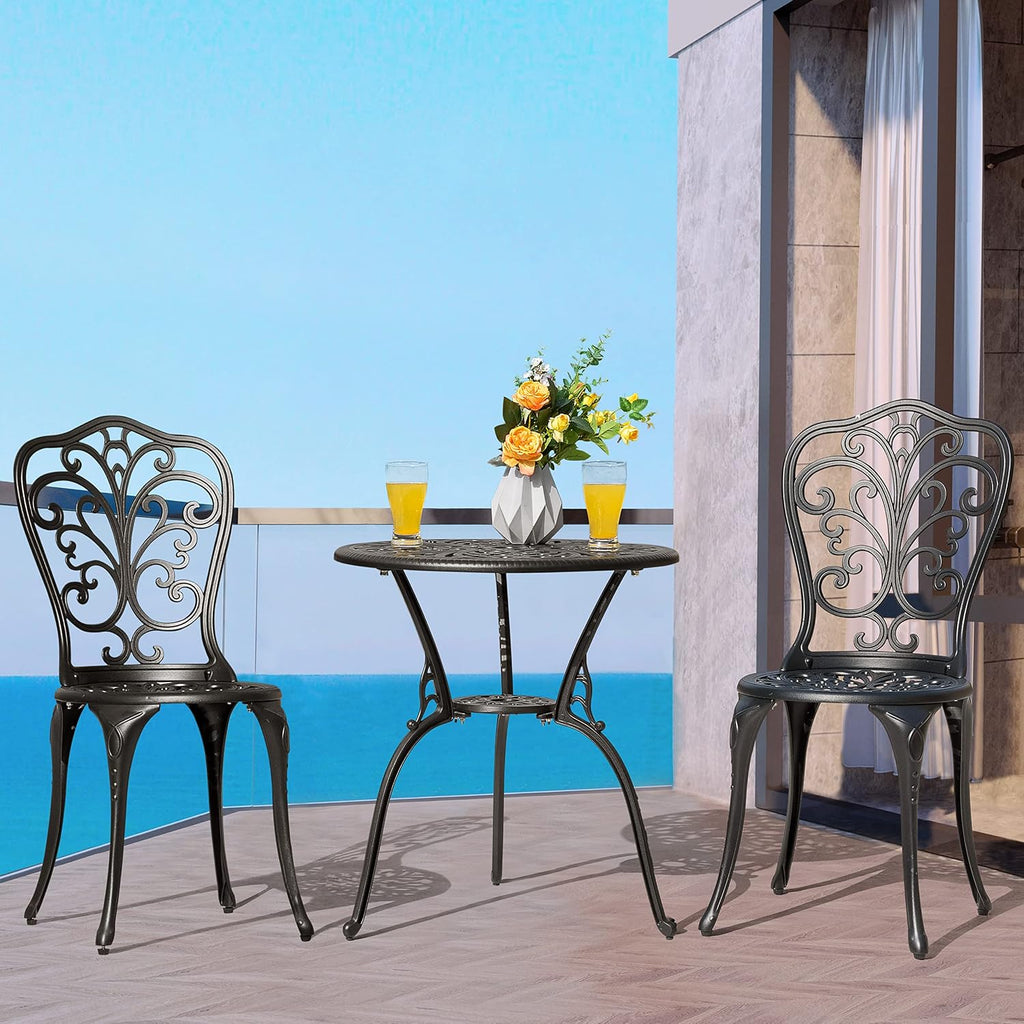 NUU GARDEN 3 Piece Outdoor Bistro Table Set, All Weather Cast Aluminum Patio Bistro Sets Patio Table and Chairs Set of 2 with Umbrella Hole for Yard, Garden, Balcony, Black