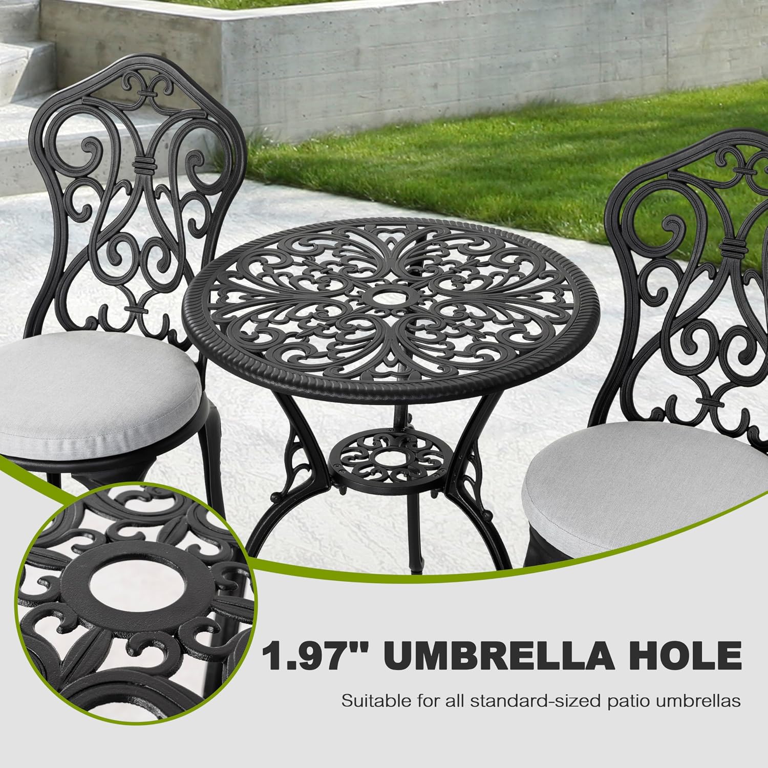 NUU GARDEN 3 Pieces Patio Bistro Set, Outdoor Bistro Set with 2 Chairs, Round Table with Umbrella Hole, Outdoor Bistro Set with Umbrella Hole and Grey Cushions, Black