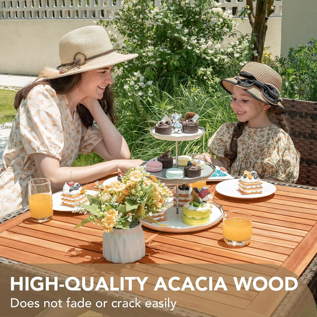 Devoko 5 PCS Furniture, Patio Conversation Set with Acacia Wood Top, Rattan Outdoor Dining Table and Chairs for Backyard, Garden, Deck, Brown