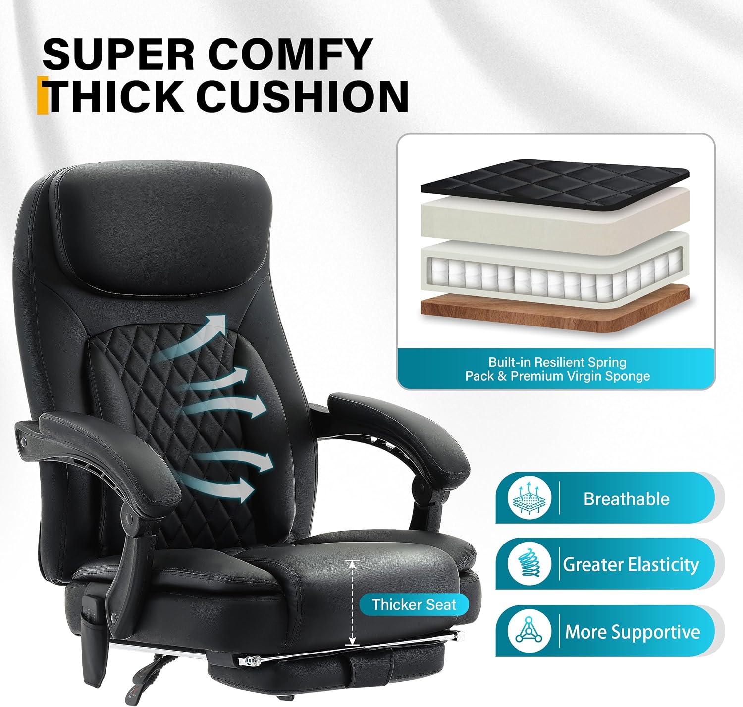 6-Point Massage Office Chair with Heated, Ergonomic Office Chair with Footrest & 45°Reclining High Back, Big and Tall Executive Office Chair 500LBS, Thick Cushion Desk Chair for Home Office, Black(PU)