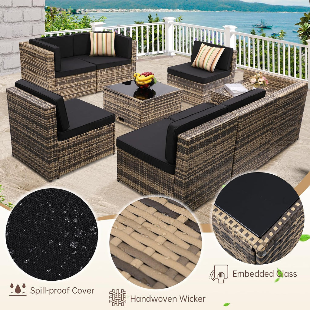 KROFEM 8-Piece Patio Furniture Set, Outdoor Wicker Rattan Sectional with Thick Cushions, Glass Top Table with Hidden Storage, Outdoor Conversation Set for Backyard, Porch, Patio, Black