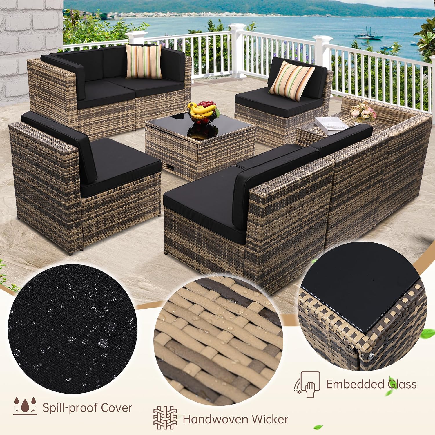 KROFEM 8-Piece Patio Furniture Set, Outdoor Wicker Rattan Sectional with Thick Cushions, Glass Top Table with Hidden Storage, Outdoor Conversation Set for Backyard, Porch, Patio, Black