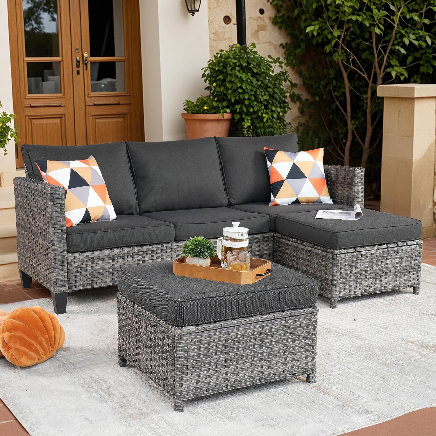 ovios Patio Sofa 3 Pieces Patio Furniture Set Outdoor Wicker Sofa Couch with Ottomans Thick Cushions, All Weather Rattan Conversation Set for Porch Backyard Deck, Black