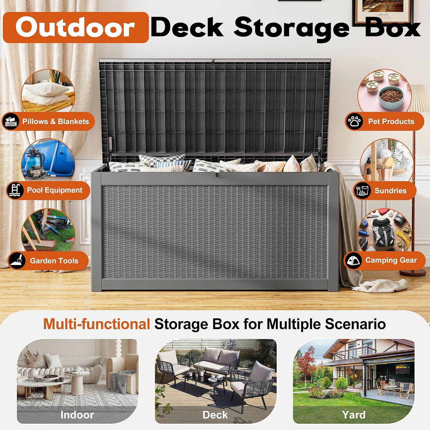 Outdoor Storage Box, Resin Deck Boxes Indoor and outdoor, Waterproof Storage Box Lockable Lid Grey,260 Gallon