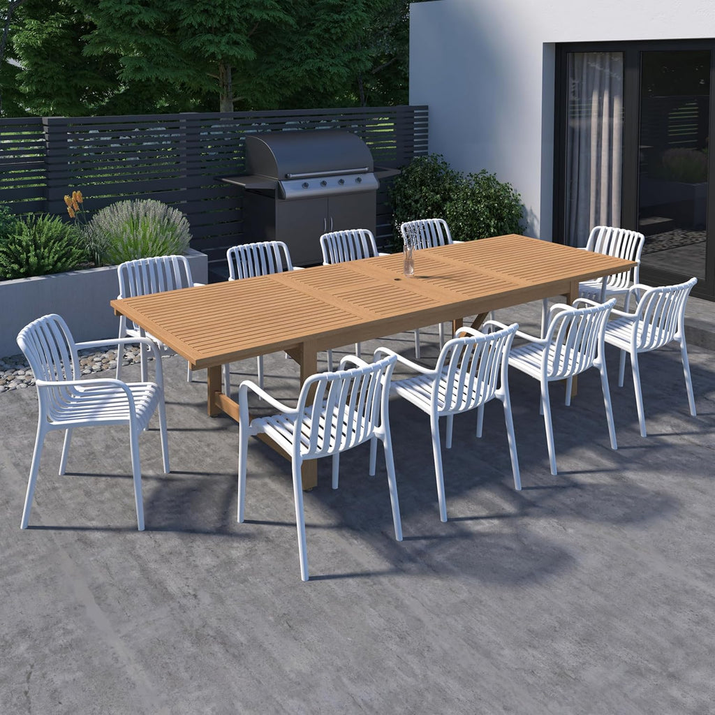 Urban Elements Frida Rectangular Extendable Patio Furniture Set | 100% Certified Teak Finish | Backyard Furniture, Outside Table and Chairs, Rectangular Outdoor Dining Set (White, 11-Piece)
