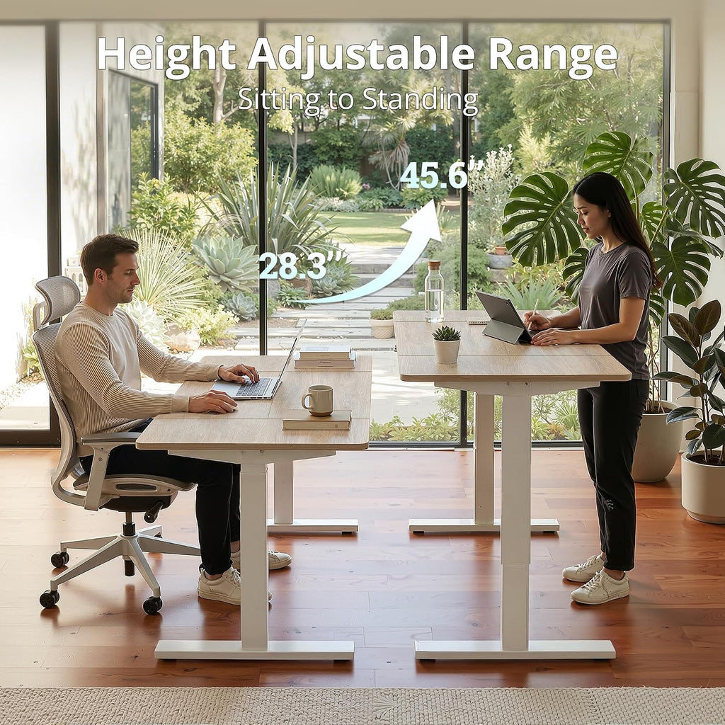 TIQLAB Electric Height Adjustable Standing Desk 71 * 30 inch, Sit Stand Desk with Splice Board, Memory Controller, White Frame & Maple Top Computer Workstation for Home Office