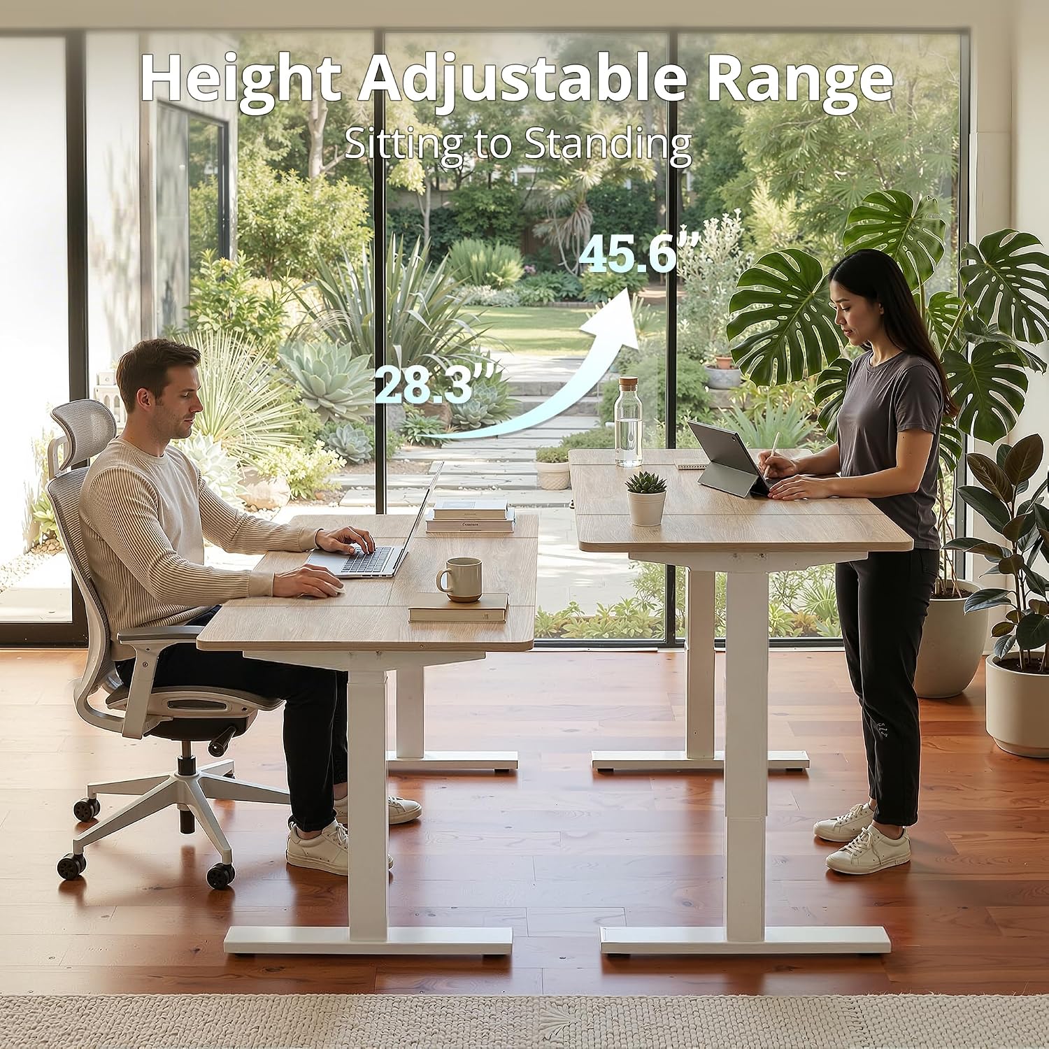 TIQLAB Electric Height Adjustable Standing Desk 71 * 30 inch, Sit Stand Desk with Splice Board, Memory Controller, White Frame & Maple Top Computer Workstation for Home Office