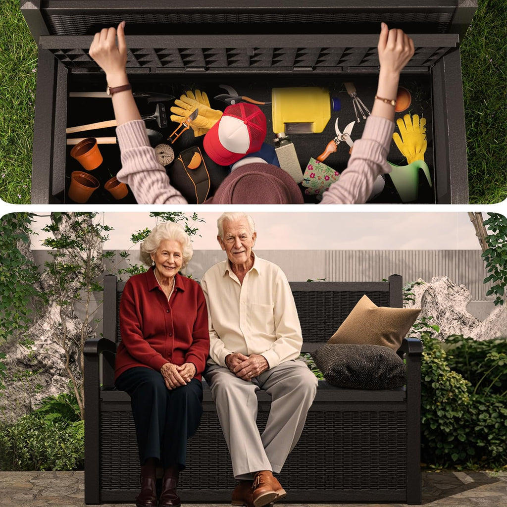 EasyUp 80 Gallon Outdoor Storage Bench Lockable Deck Box Outdoor Storage Box Waterproof for Patio,Garden,and Porch – Perfect for Storing Garden Tools and Cushions(Black)