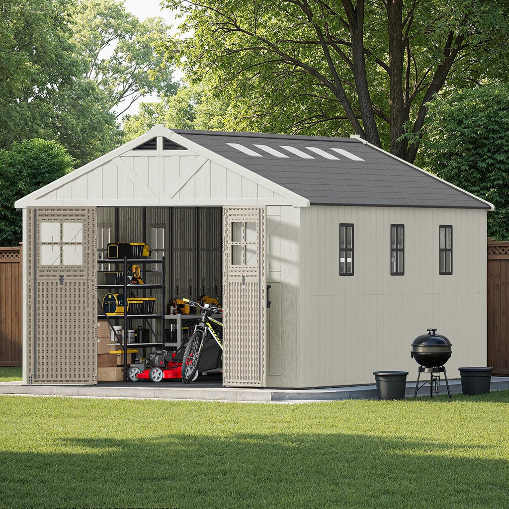 Patiowell 10 x 16 FT Outdoor Storage Shed, Plastic Shed with Floor and Skylight, Resin Storage Shed with Four-Window and Lockable Door for Garden, Patio, Backyard, Beige