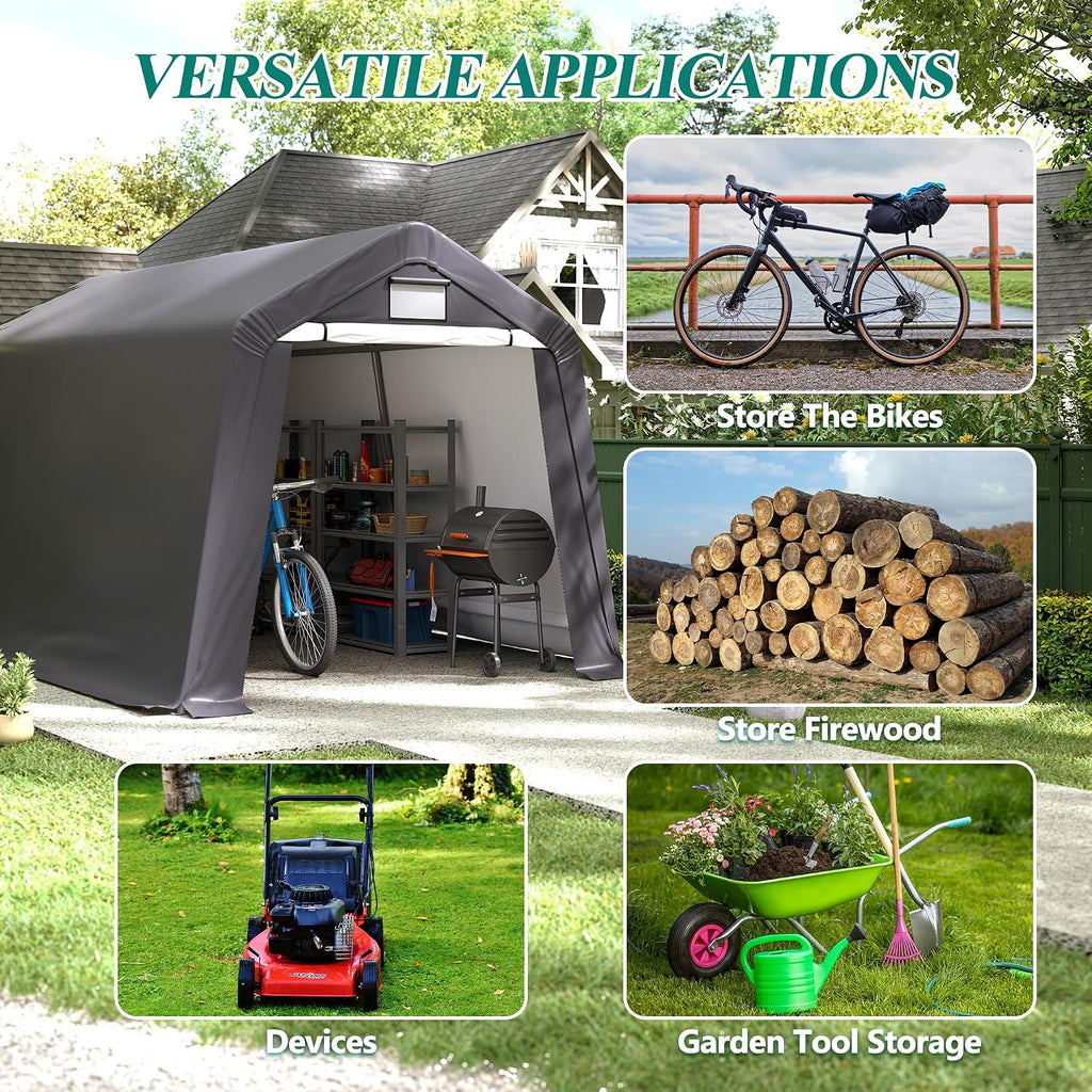 GARTOO 8' x 14' Outdoor Storage Shelter Shed- Heavy Duty Storage Tent with Roll-up Ventilated Windows, Portable Garage Zipper Storage shed for Bike, ATV, Motorcycle Shelter, Gray